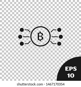 Black Cryptocurrency bitcoin in circle with microchip circuit icon isolated on transparent background. Blockchain technology, digital money market.  Vector Illustration