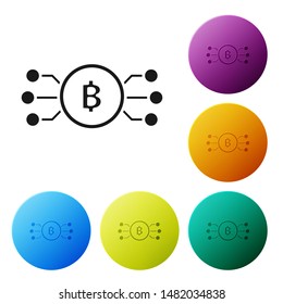 Black Cryptocurrency bitcoin in circle with microchip circuit icon isolated on white background. Blockchain technology, digital money market. Set icons colorful circle buttons. Vector Illustration