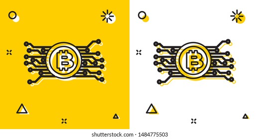 Black Cryptocurrency bitcoin in circle with microchip circuit icon isolated on yellow and white background. Blockchain technology, digital money market. Random dynamic shapes. Vector Illustration