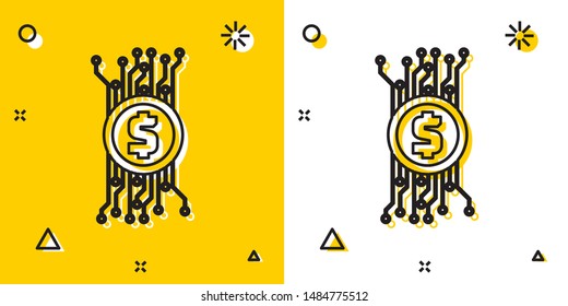 Black Cryptocurrency bitcoin in circle with microchip circuit icon isolated on yellow and white background. Blockchain technology, digital money market. Random dynamic shapes. Vector Illustration