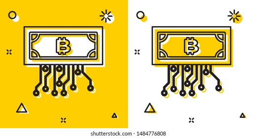 Black Cryptocurrency bitcoin in circle with microchip circuit icon isolated on yellow and white background. Blockchain technology, digital money market. Random dynamic shapes. Vector Illustration