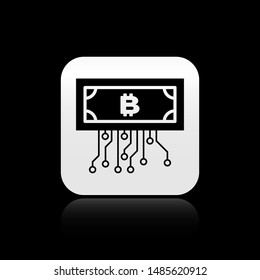 Black Cryptocurrency bitcoin in circle with microchip circuit icon isolated on black background. Blockchain technology, digital money market. Silver square button. Vector Illustration