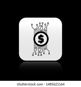 Black Cryptocurrency bitcoin in circle with microchip circuit icon isolated on black background. Blockchain technology, digital money market. Silver square button. Vector Illustration