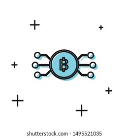 Black Cryptocurrency bitcoin in circle with microchip circuit icon isolated on white background. Blockchain technology, digital money market.  Vector Illustration