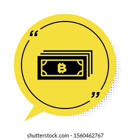 Black Cryptocurrency bitcoin in circle with microchip circuit icon isolated on white background. Blockchain technology, digital money market. Yellow speech bubble symbol. Vector Illustration