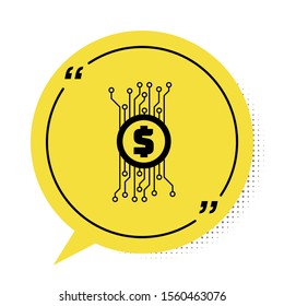 Black Cryptocurrency bitcoin in circle with microchip circuit icon isolated on white background. Blockchain technology, digital money market. Yellow speech bubble symbol. Vector Illustration