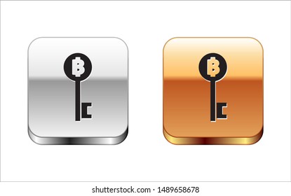 Black Cryptocurrency Bitcoin key icon isolated on white background. Concept of cyber security or digital key with technology interface. Silver-gold square button. Vector Illustration