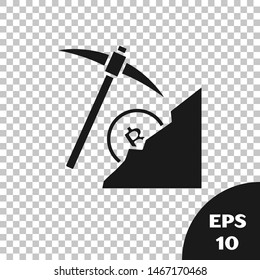 Black Cryptocurrency cloud mining icon isolated on transparent background. Cloud with pickaxe, bitcoin, digital money market, cryptocoin wallet.  Vector Illustration