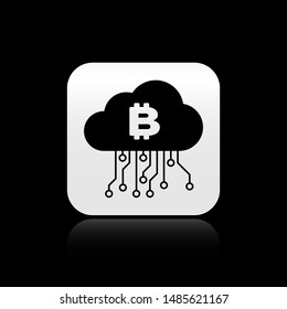 Black Cryptocurrency cloud mining icon isolated on black background. Blockchain technology, bitcoin, digital money market, cryptocoin wallet. Silver square button. Vector Illustration