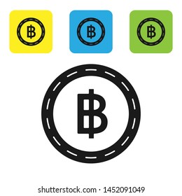 Black Cryptocurrency coin Bitcoin icon isolated on white background. Blockchain technology, bitcoin, digital money market, cryptocoin wallet. Set icons colorful square buttons. Vector Illustration