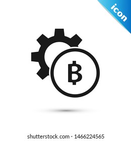 Black Cryptocurrency coin Bitcoin icon isolated on white background. Gear and Bitcoin setting. Blockchain based secure crypto currency.  Vector Illustration