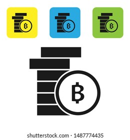 Black Cryptocurrency coin Bitcoin icon isolated on white background. Physical bit coin. Blockchain based secure crypto currency. Set icons colorful square buttons. Vector Illustration