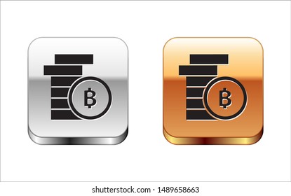 Black Cryptocurrency coin Bitcoin icon isolated on white background. Physical bit coin. Blockchain based secure crypto currency. Silver-gold square button. Vector Illustration
