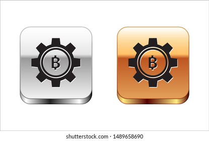 Black Cryptocurrency coin Bitcoin icon isolated on white background. Gear and Bitcoin setting. Blockchain based secure crypto currency. Silver-gold square button. Vector Illustration