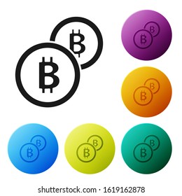 Black Cryptocurrency coin Bitcoin icon isolated on white background. Physical bit coin. Blockchain based secure crypto currency. Set icons colorful circle buttons. Vector Illustration