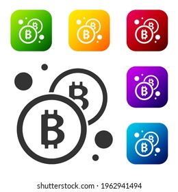 Black Cryptocurrency coin Bitcoin icon isolated on white background. Physical bit coin. Blockchain based secure crypto currency. Set icons in color square buttons. Vector