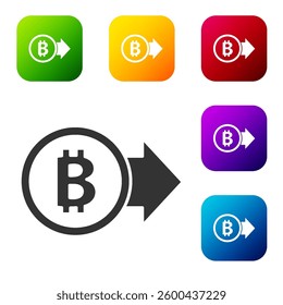 Black Cryptocurrency coin Bitcoin icon isolated on white background. Physical bit coin. Blockchain based secure crypto currency. Set icons in color square buttons. Vector