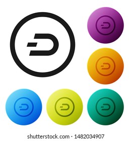 Black Cryptocurrency coin Dash icon isolated on white background. Digital currency. Altcoin symbol. Blockchain based secure crypto currency. Set icons colorful circle buttons. Vector Illustration