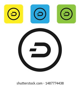 Black Cryptocurrency coin Dash icon isolated on white background. Digital currency. Altcoin symbol. Blockchain based secure crypto currency. Set icons colorful square buttons. Vector Illustration