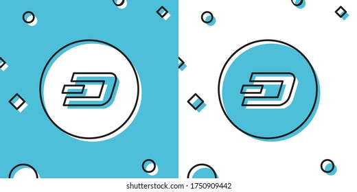 Black Cryptocurrency coin Dash icon isolated on blue and white background. Physical bit coin. Digital currency. Altcoin symbol. Blockchain based secure crypto currency. Vector Illustration