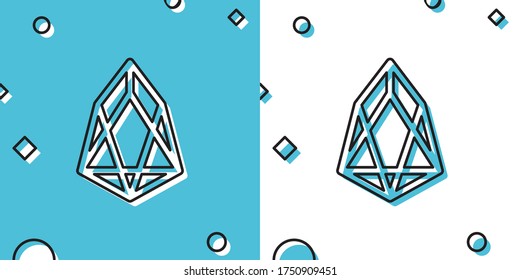 Icono EOS de moneda de criptomoneda negra aislado en fondo azul y blanco. Moneda de bit física. Moneda digital. Símbolo de alcoin. Moneda criptográfica segura basada en Blockchain. Ilustración vectorial