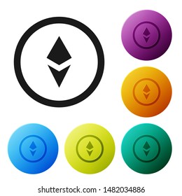 Black Cryptocurrency coin Ethereum ETH icon isolated on white background. Altcoin symbol. Blockchain based secure crypto currency. Set icons colorful circle buttons. Vector Illustration