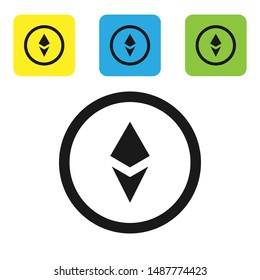 Black Cryptocurrency coin Ethereum ETH icon isolated on white background. Altcoin symbol. Blockchain based secure crypto currency. Set icons colorful square buttons. Vector Illustration