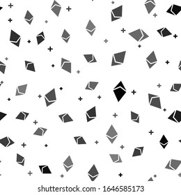 Black Cryptocurrency coin Ethereum ETH icon seamless pattern on white background. Physical bit coin. Digital currency. Altcoin symbol. Blockchain based secure crypto currency. Vector Illustration
