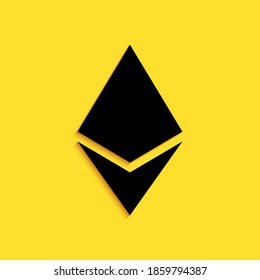 Black Cryptocurrency coin Ethereum ETH icon isolated on yellow background. Digital currency. Altcoin symbol. Blockchain based secure crypto currency. Long shadow style. Vector.