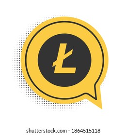 Black Cryptocurrency coin Litecoin LTC icon isolated on white background. Digital currency. Altcoin symbol. Blockchain based secure crypto currency. Yellow speech bubble symbol. Vector.