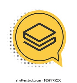 Black Cryptocurrency coin Stratis STRAT icon isolated on white background. Physical bit coin. Digital currency. Blockchain based secure crypto currency. Yellow speech bubble symbol. Vector.
