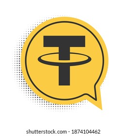 Moneda de la criptografía negra Icono de Tether USDT aislado en fondo blanco. Moneda de bit física. Moneda digital. Moneda criptográfica segura basada en Blockchain. Símbolo amarillo de burbuja de habla. Vector.