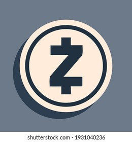 Black Cryptocurrency coin Zcash ZEC icon on grey background. Physical bit coin. Digital currency. Altcoin symbol. Blockchain based secure crypto currency. Long shadow style. Vector Illustration