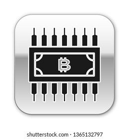 Black Cryptocurrency concept bitcoin in circle with microchip circuit icon isolated on white background. Blockchain technology, digital money market. Silver square button. Vector Illustration