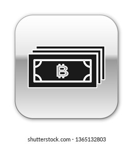 Black Cryptocurrency concept bitcoin in circle with microchip circuit icon isolated on white background. Blockchain technology, digital money market. Silver square button. Vector Illustration