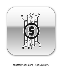 Black Cryptocurrency concept bitcoin in circle with microchip circuit icon isolated on white background. Blockchain technology, digital money market. Silver square button. Vector Illustration