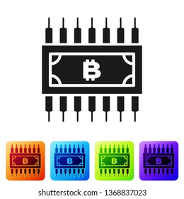 Black Cryptocurrency concept bitcoin in circle with microchip circuit icon on white background. Blockchain technology, digital money market. Set icon in color square buttons. Vector Illustration