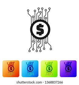 Black Cryptocurrency concept bitcoin in circle with microchip circuit icon on white background. Blockchain technology, digital money market. Set icon in color square buttons. Vector Illustration