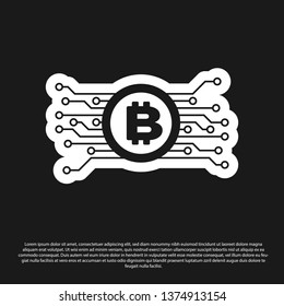 Black Cryptocurrency concept bitcoin in circle with microchip circuit icon isolated on black background. Blockchain technology, digital money market. Vector Illustration