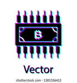 Black Cryptocurrency concept bitcoin in circle with microchip circuit icon isolated on white background. Blockchain technology, digital money market. Vector Illustration