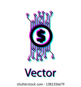 Black Cryptocurrency concept bitcoin in circle with microchip circuit icon isolated on white background. Blockchain technology, digital money market. Vector Illustration