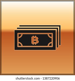Black Cryptocurrency concept bitcoin in circle with microchip circuit icon isolated on gold background. Blockchain technology, digital money market. Vector Illustration