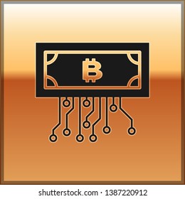 Black Cryptocurrency concept bitcoin in circle with microchip circuit icon isolated on gold background. Blockchain technology, digital money market. Vector Illustration