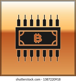 Black Cryptocurrency concept bitcoin in circle with microchip circuit icon isolated on gold background. Blockchain technology, digital money market. Vector Illustration