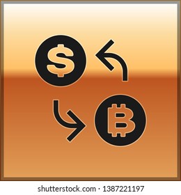 Black Cryptocurrency exchange icon isolated on gold background. Bitcoin to dollar exchange icon. Cryptocurrency technology, mobile banking. Vector Illustration
