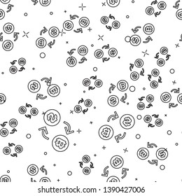 Black Cryptocurrency exchange icon isolated seamless pattern on white background. Bitcoin to dollar exchange icon. Cryptocurrency technology, mobile banking. Vector Illustration