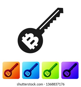 Black Cryptocurrency key icon isolated on white background. Concept of cyber security or private key, digital key with technology interface. Set icon in color square buttons. Vector Illustration