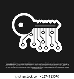Black Cryptocurrency key icon isolated on black background. Concept of cyber security or private key, digital key with technology interface. Vector Illustration