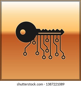 Black Cryptocurrency key icon isolated on gold background. Concept of cyber security or private key, digital key with technology interface. Vector Illustration