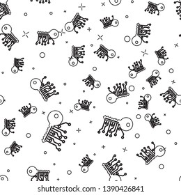 Black Cryptocurrency key icon isolated seamless pattern on white background. Concept of cyber security or private key, digital key with technology interface. Vector Illustration